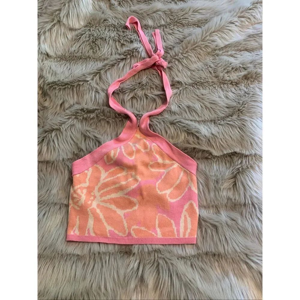 Mable pink and orange floral knit halter crop top small